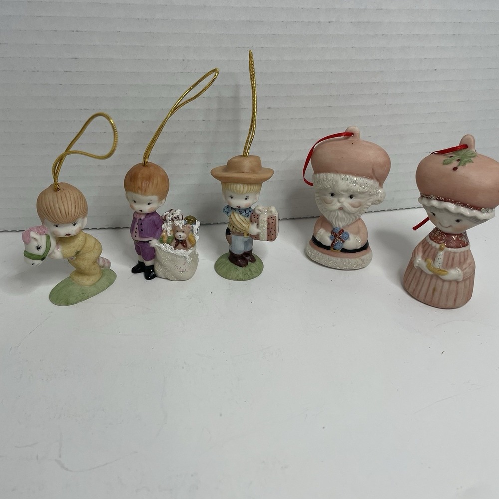 Christmas Ornaments Santa & Mrs Kids Porcelain Lot Of 5 1980's Hand Painted